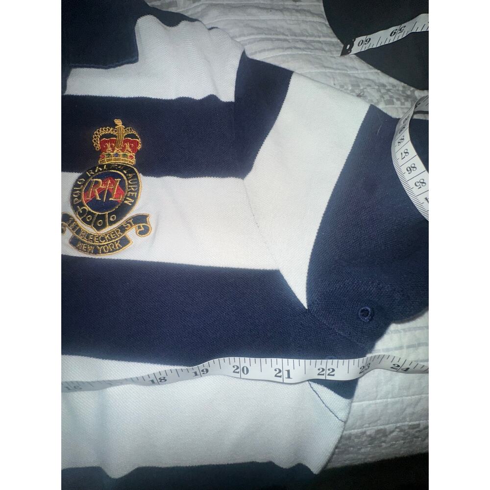 Polo Ralph Lauren Rugby Shirt Men’s XL Custom Fit Navy White Striped Crest Polo - Picture 5 of 6